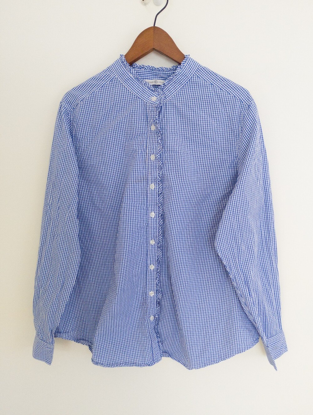 Signature Collection Blue Gingham Ruffle Collar Button Down Shirt Cotton Size XL